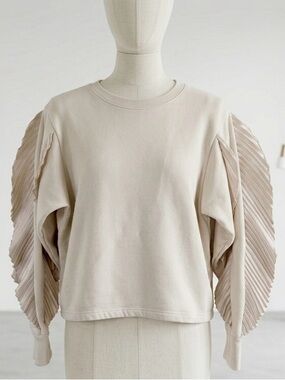 Zara| Cream Pleated Ruffle Sleeve Crewneck Sweatshirt Sz S
